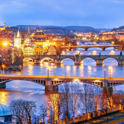 Classic view of Prague at Twilight, panorama of Bridges on Vltav